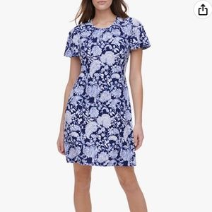 Tommy Hilfiger Floral blue&white dress Sz. 14=L short sleeve Jersey NWT stretch